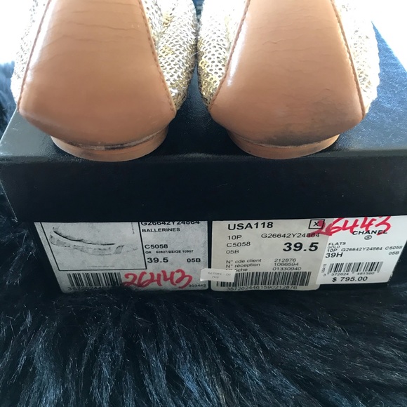 Tan and gold Chanel flats